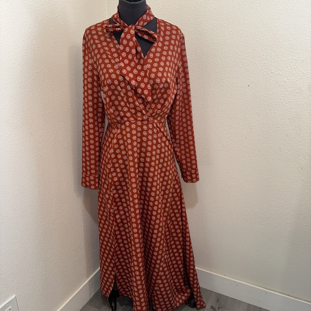 Topshop‎ Horse Coin Print Long Sleeve Midi Dress Orange Geometric Womens Sz 10 - Picture 2 of 9